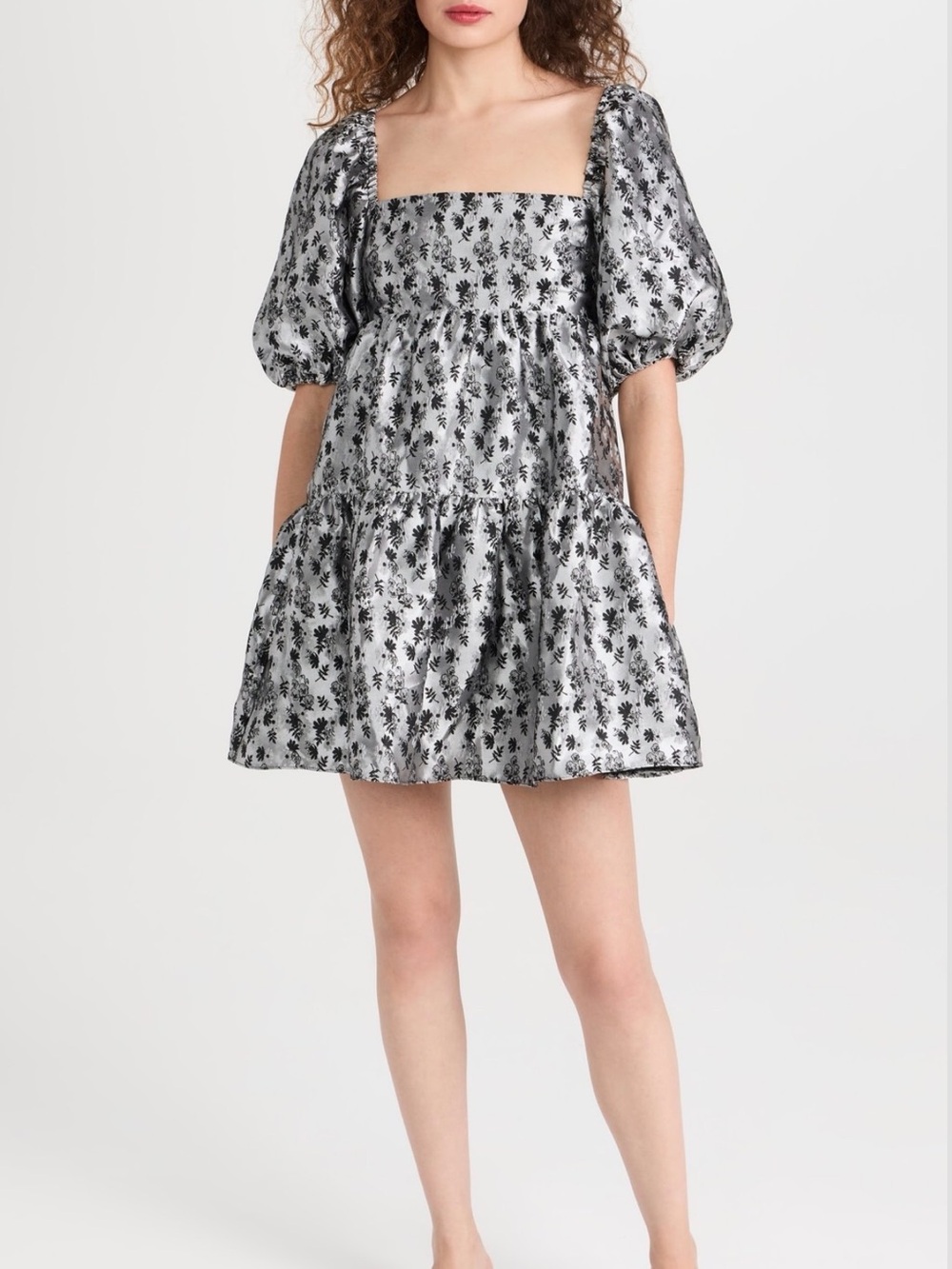 Amanda Uprichard Silver Mini Dress with Black Floral Jacquard